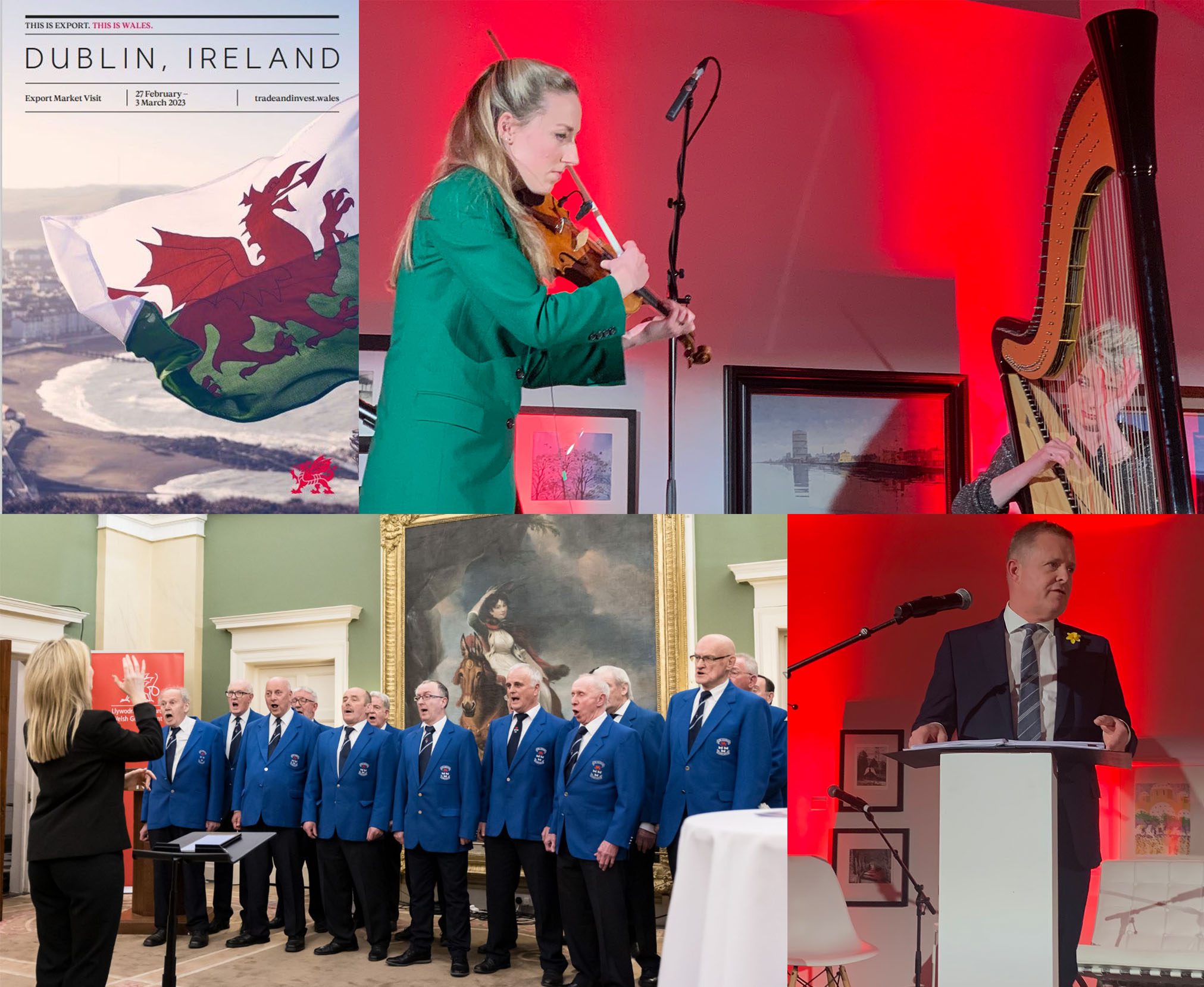 A seletion of images from the Welsh trade mission to ireland; including a choir band and two women playing a violin and a harp