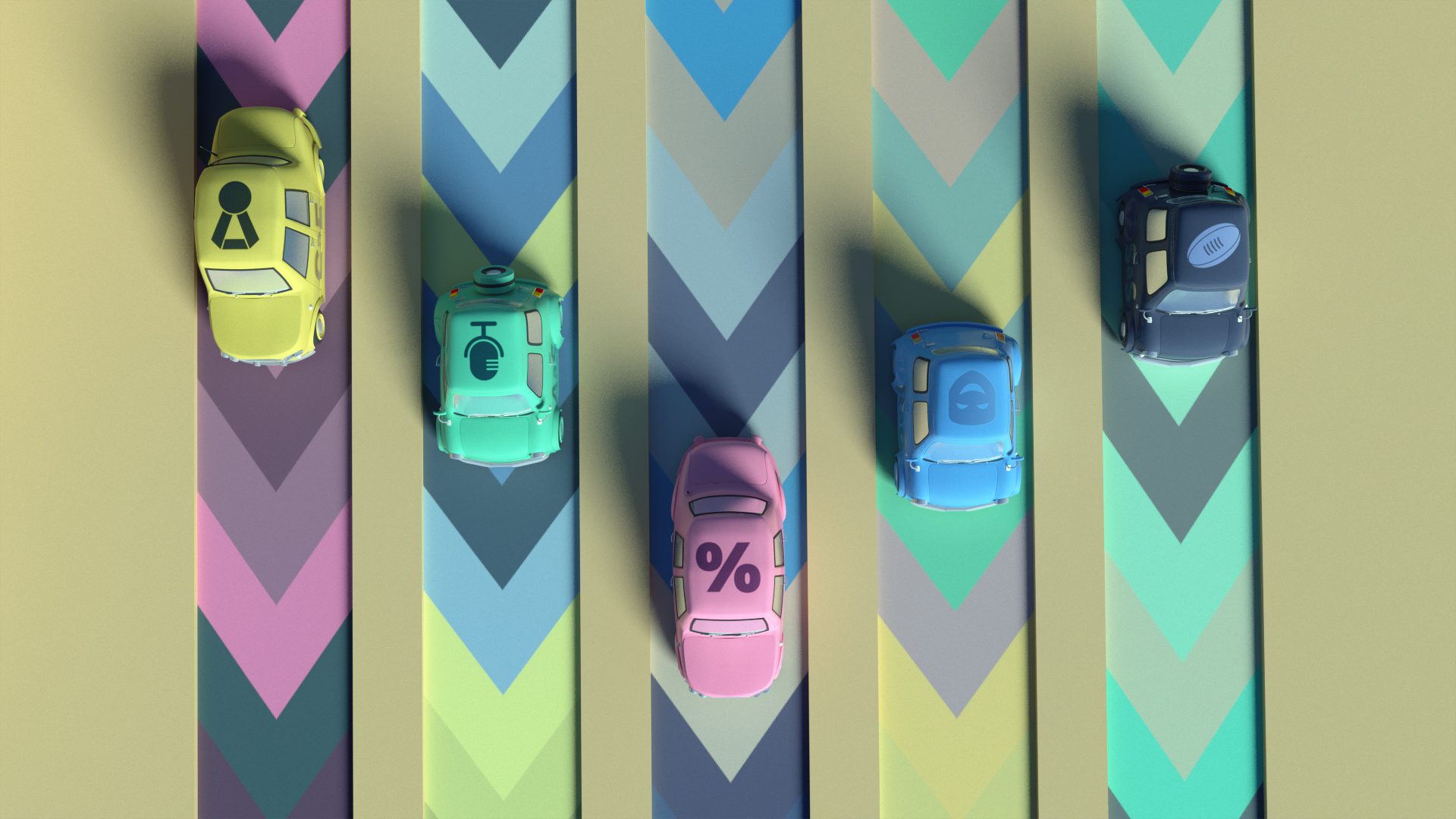 Toy cars on separate coloured strips
