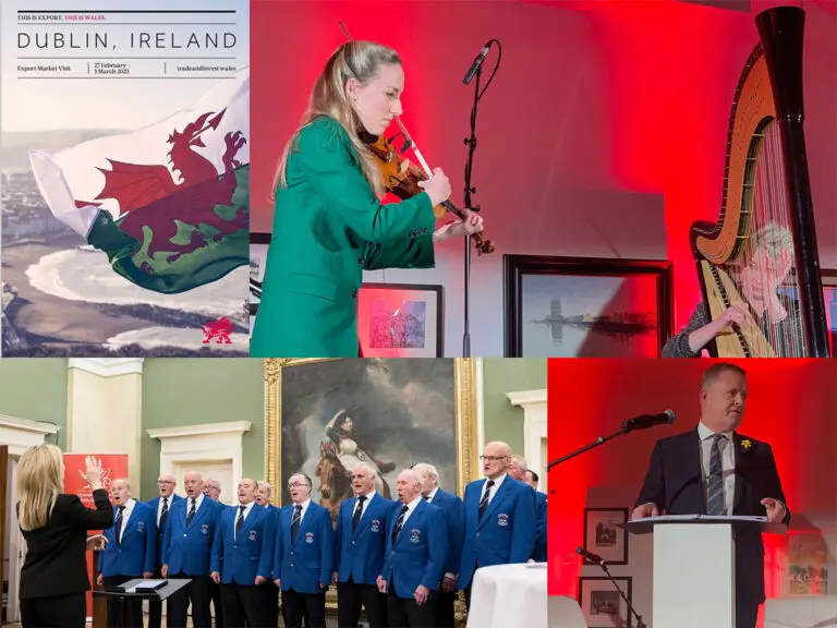A seletion of images from the Welsh trade mission to ireland; including a choir band and two women playing a violin and a harp
