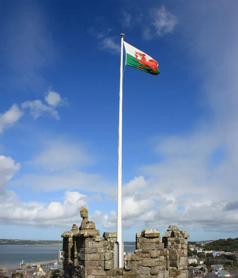 A Welsh flag flying at the top of a pole on the coast