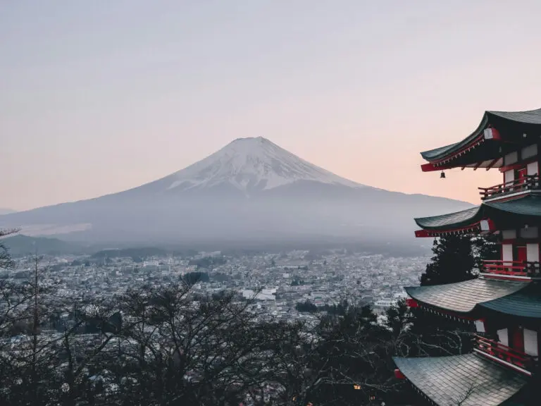 Views of a misty Mt.Fuji in Japan and a pagoda