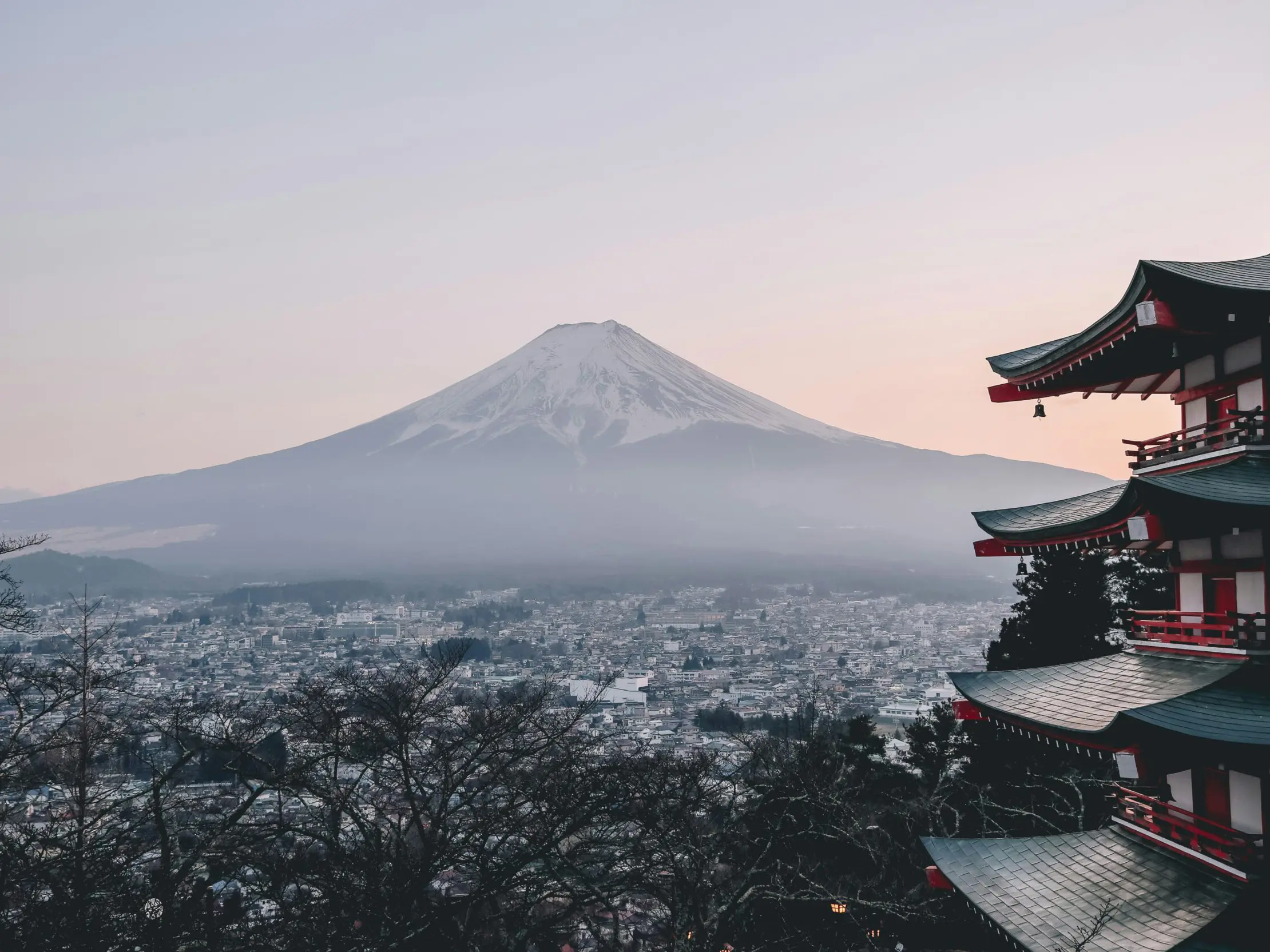 Views of a misty Mt.Fuji in Japan and a pagoda