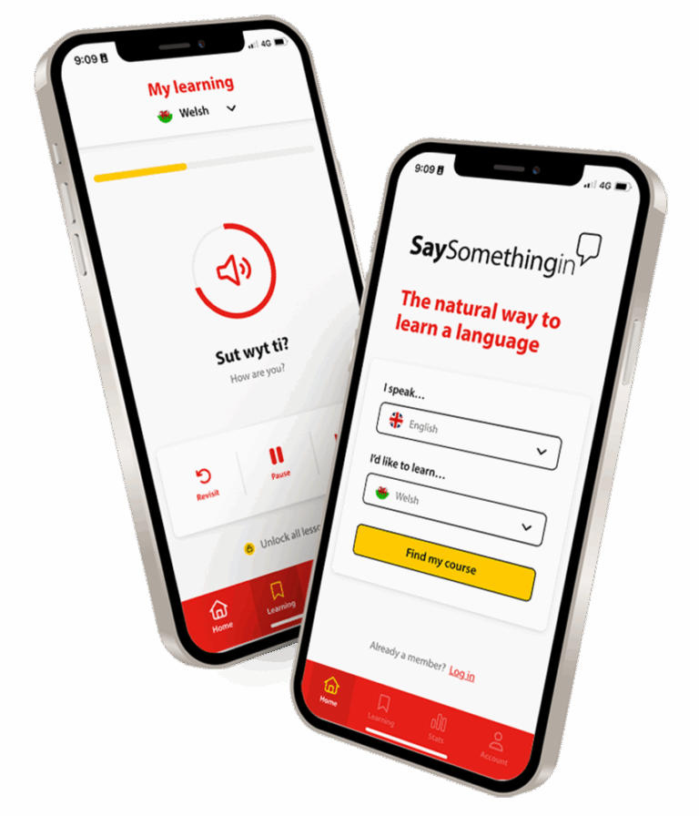 Example mobile screens for the SaySomethingin app, designed to help people to learn to speak a new language, such as Welsh.